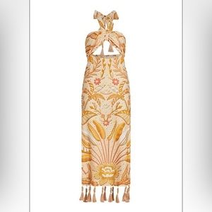 FARM Rio Gold and White Halter Sundress Resort Wear Midi